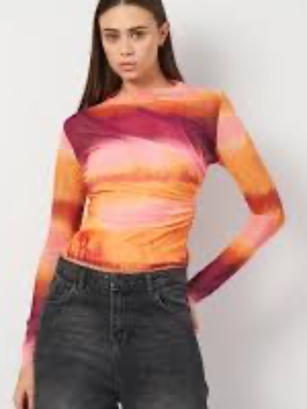 Zara Ombre Draped Mesh Long-Sleeve Top